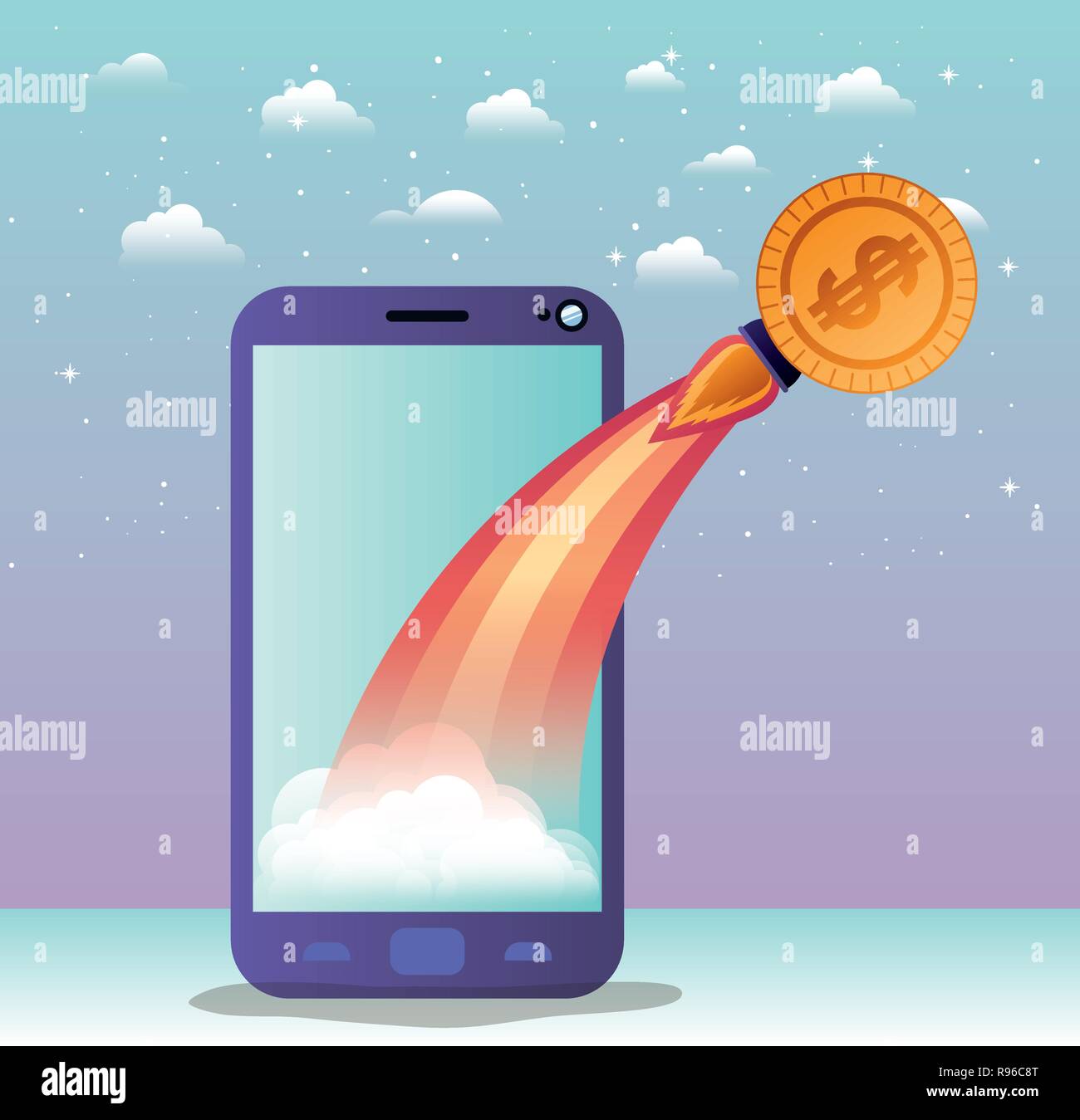 smartphone with rocket start up and coin Stock Vector Image & Art - Alamy