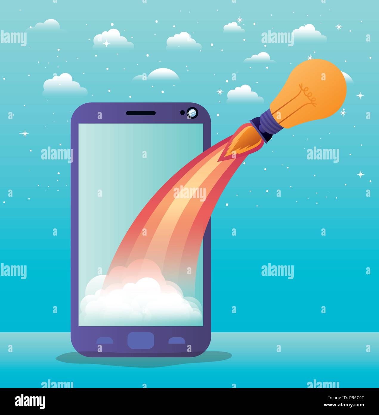 smartphone with rocket start up and bulb Stock Vector Image & Art - Alamy