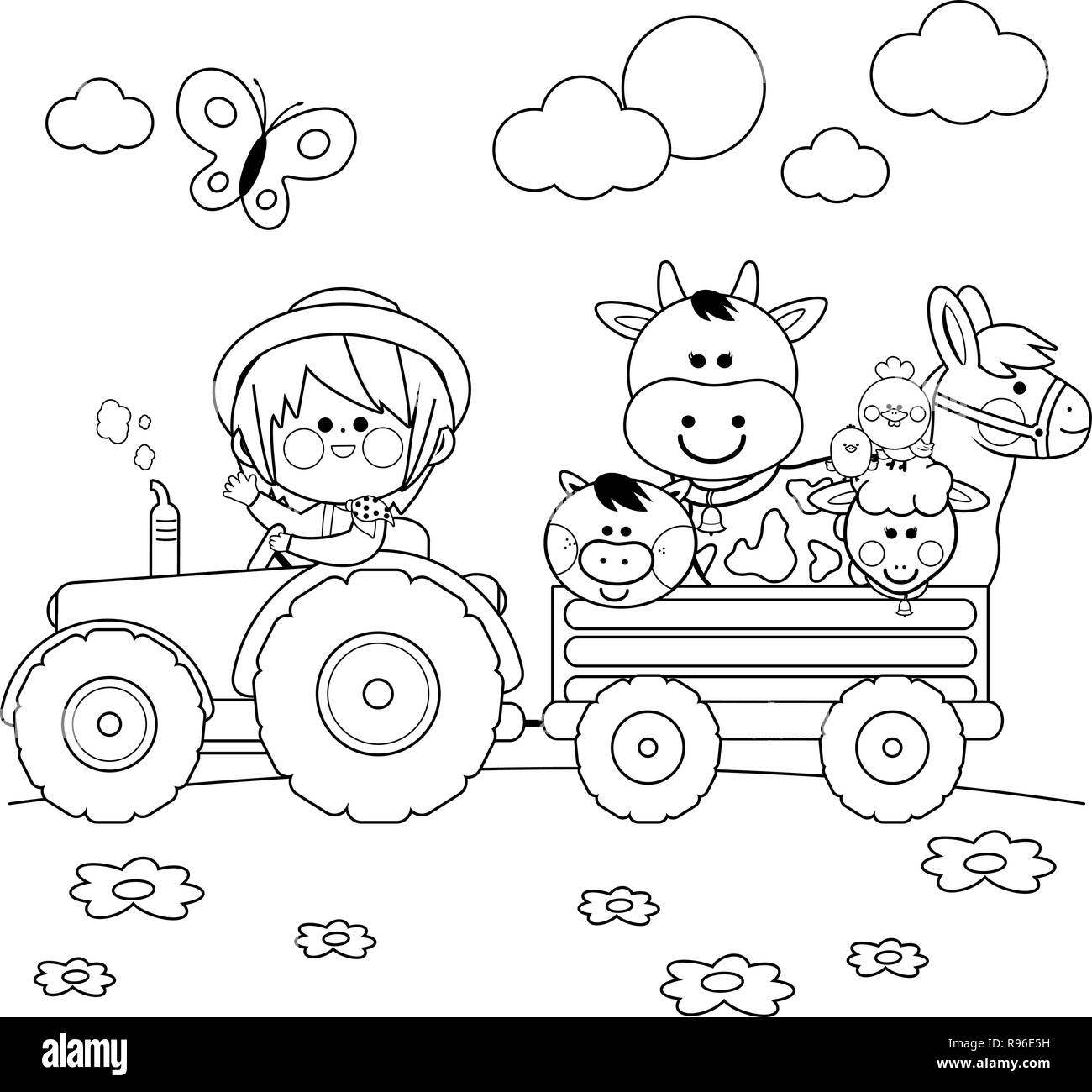 Little farmer boy at the farm driving a tractor, carrying animals: A cow, pig, chickens, sheep and a horse. Black and white coloring book page Stock Vector