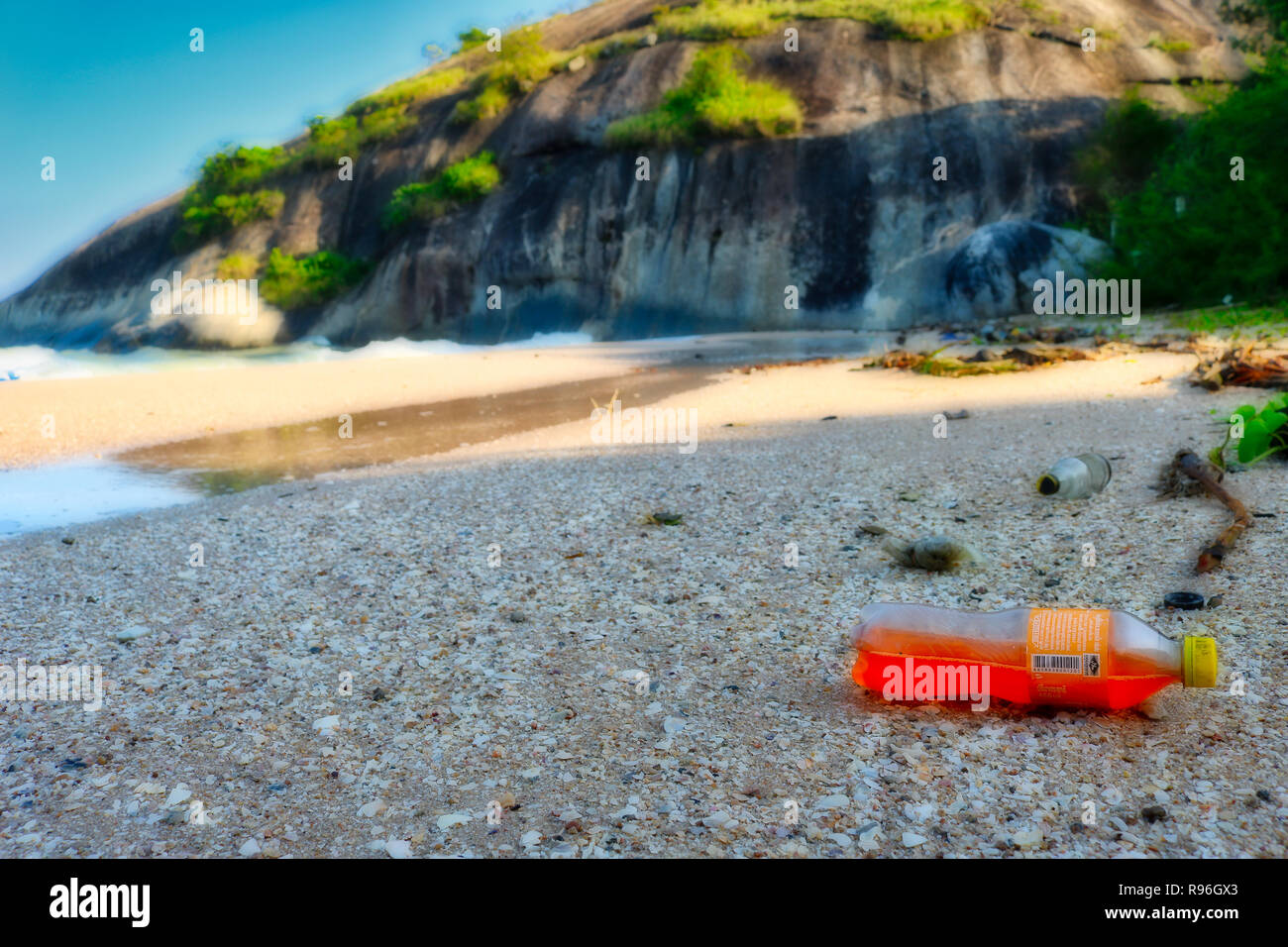 This shocking photo shows the totally plastic littered beach of Hua Hin in Thailand. These are the original beaches of Thailand land of garbage Stock Photo