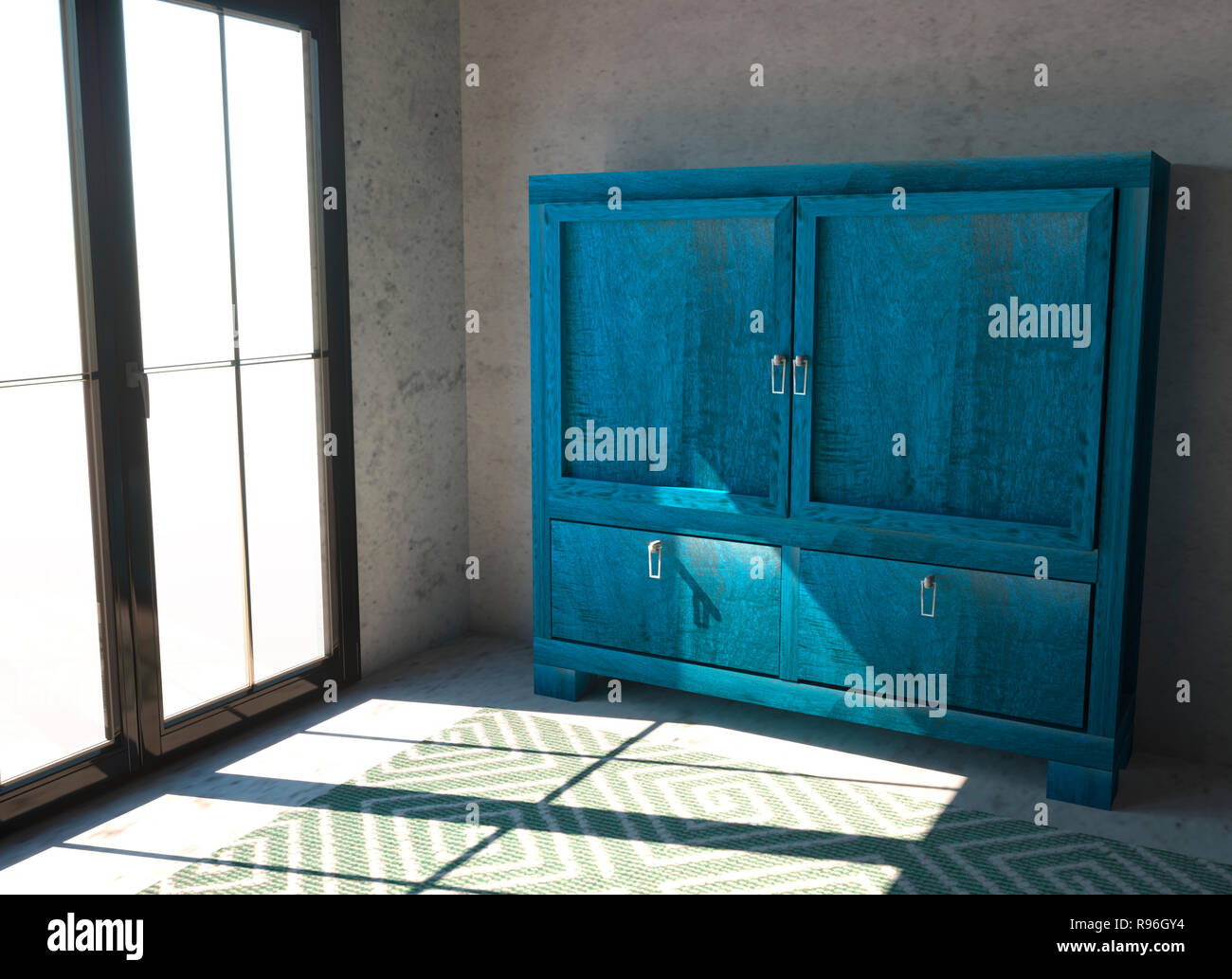 A Small Blue Cabinet With Doors In A Room Room With Window