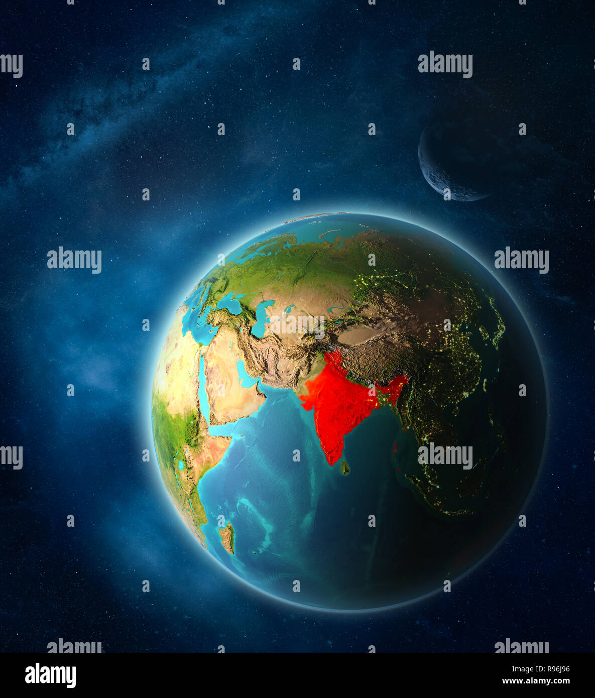 India from space on planet Earth in space with Moon and Milky Way ...