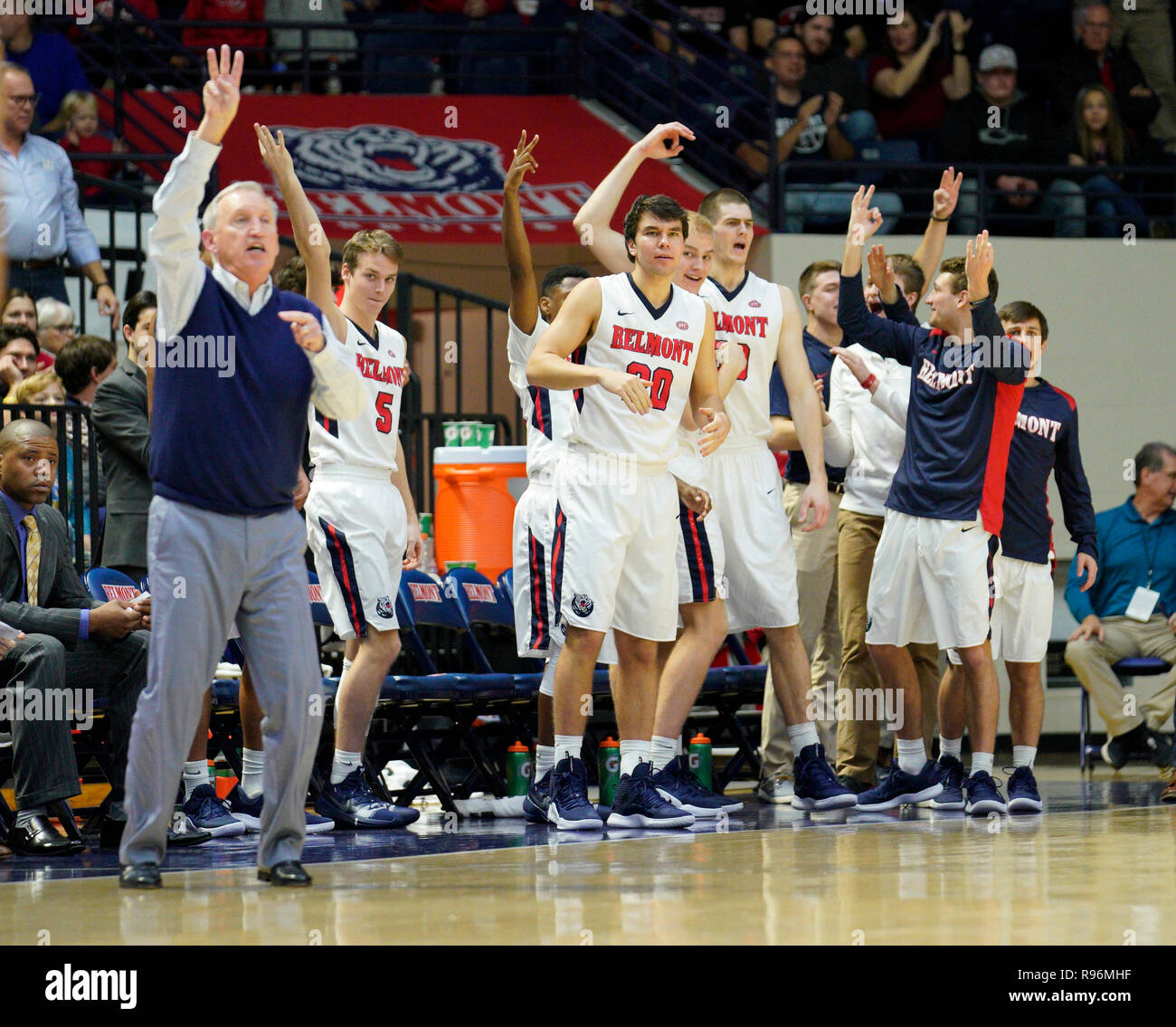 December 19, 2018; Belmont Bruins head coach Rick Byrd and the bench cheer after a made three during the second half between the Western Kentucky Hilltoppers and the Belmont Bruins at the Curb Event Center in Nashville, TN. (Mandatory Photo Credit: Steve Roberts/Cal Sport Media) Stock Photo
