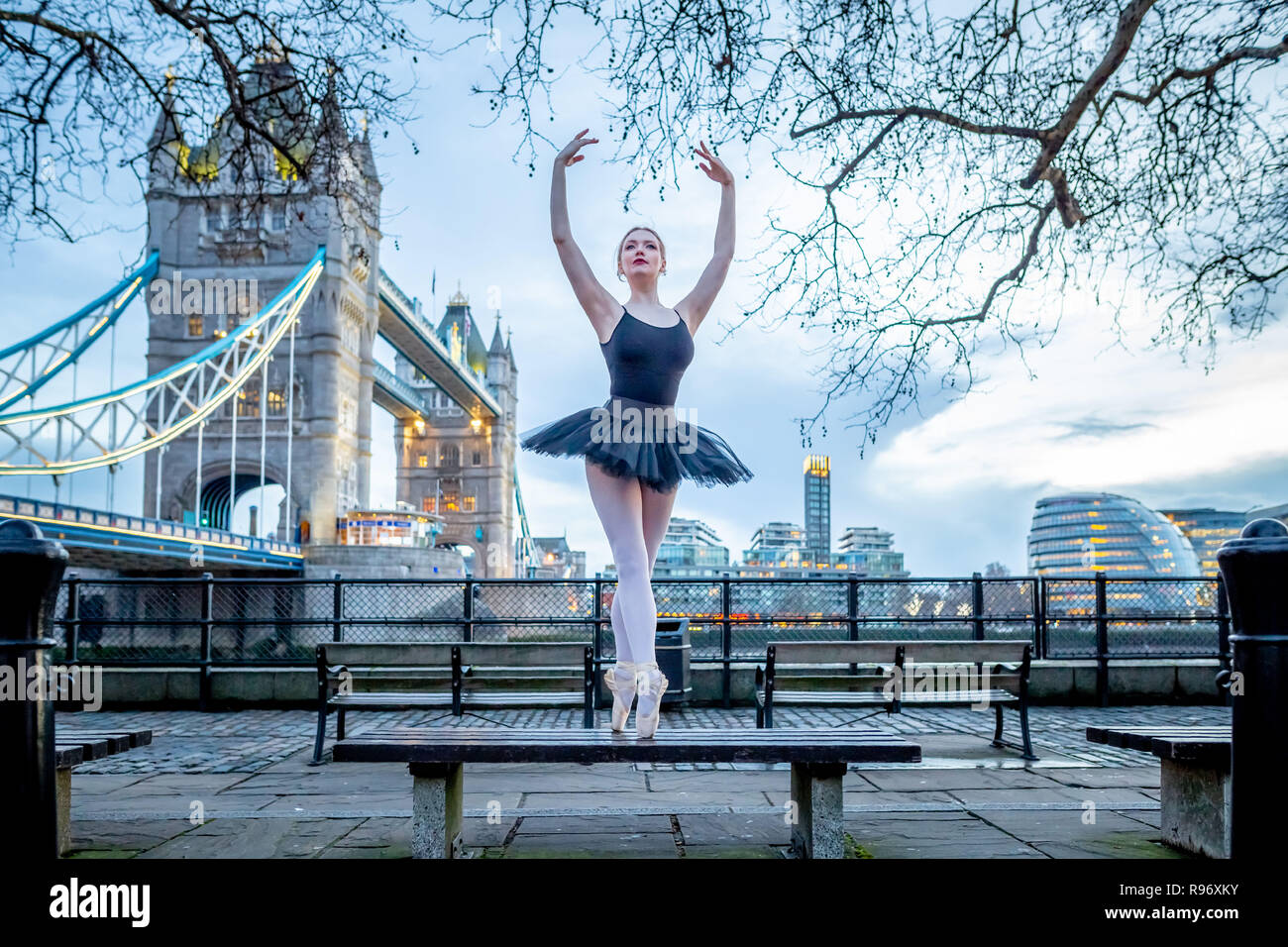 London, UK. 20th December, 2018. Dancers from Semaphore Ballet Company perform at Tower Hill in the last evening light before the winter solstice. Tonight will be the longest night of the year with the sun not rising until 08:03 GMT on Friday morning. Dancer pictured: Beth Wareing. Credit: Guy Corbishley/Alamy Live News Stock Photo