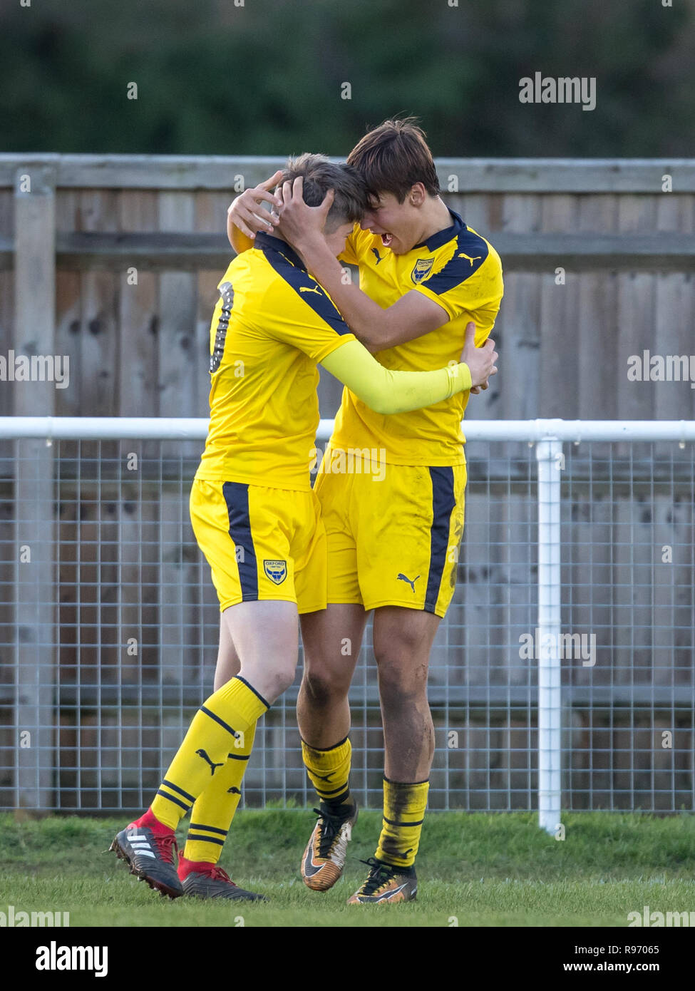 Abingdon Oxfordshire Uk th Dec 18 Slavi Spasov Congratulates Jack Stevens Of Oxford United U18 On His Goal During The Efl Youth Alliance Under 18 South West League Match Between Oxford United