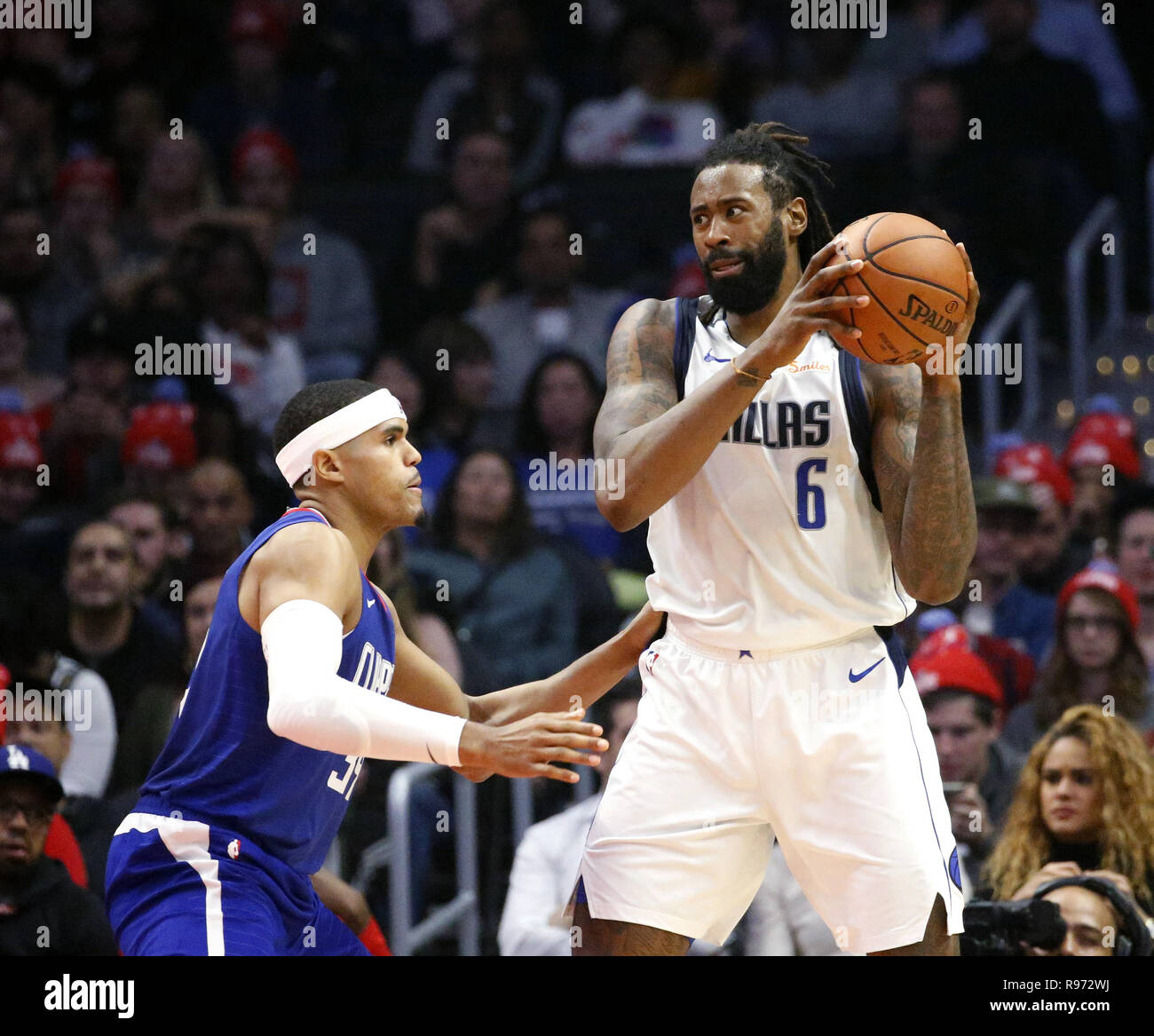 Los Angeles, California, USA. 20th Dec, 2018. Dallas Mavericks' DeAndre  Jordan (6) is defended by Los Angeles Clippers' Tobias Harris (34) in an NBA  basketball game between Los Angeles Clippers and Dallas
