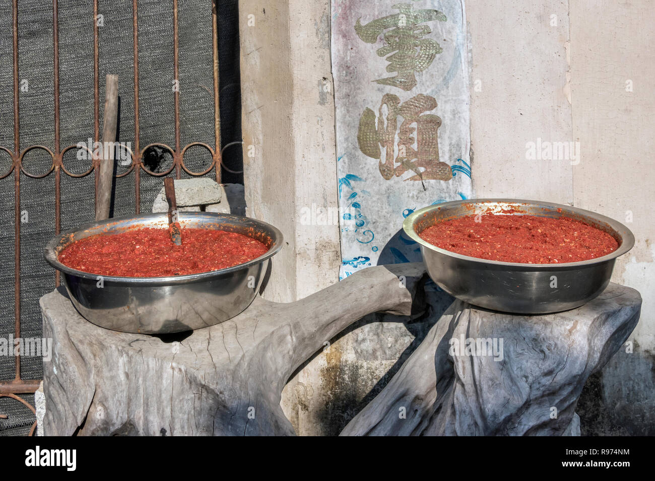 Bowls of hot pepper sauce, Hongcun Ancient Village, Lixian, Anhui, China Stock Photo