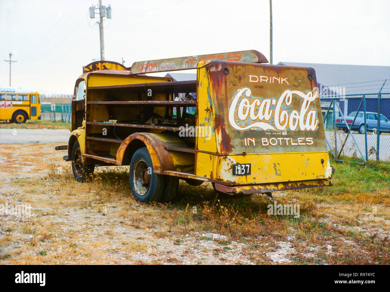 deserted Coca-Cola delivery truck outside the Iowa 80 Truck stop, near Walcott, Iowa, USA. Stock Photo