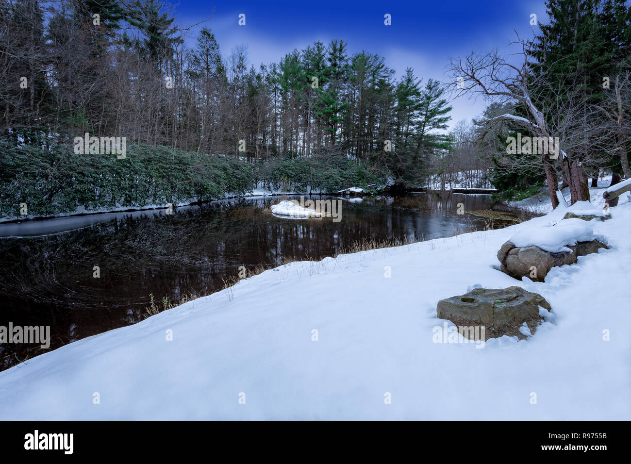 Still Creak Under Blue Sunset Stock Photo