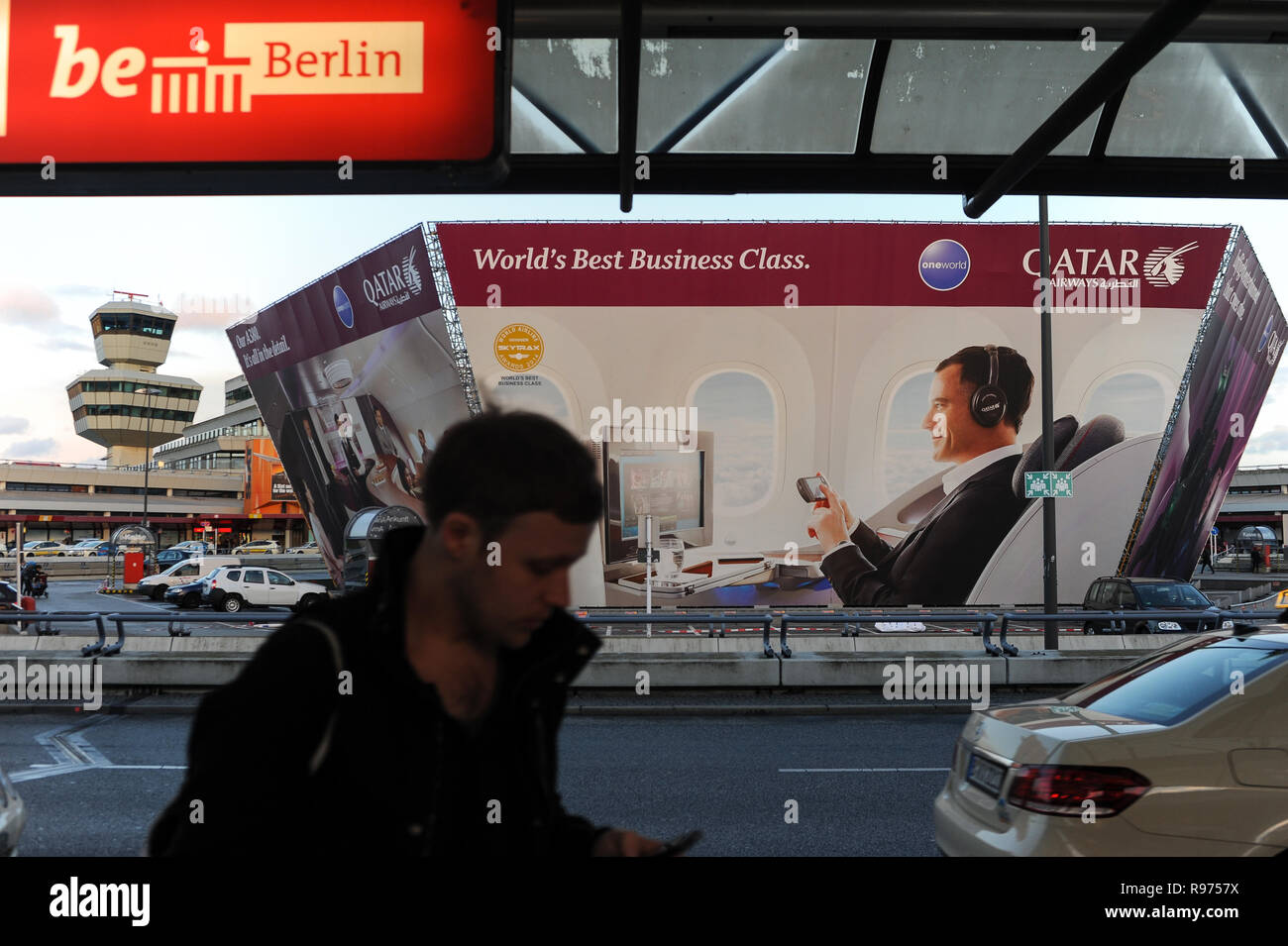 30.03.2015, Berlin, Germany, Europe - Billboard advertising for the business class of Qatar Airways at Berlin's Tegel Airport. Stock Photo