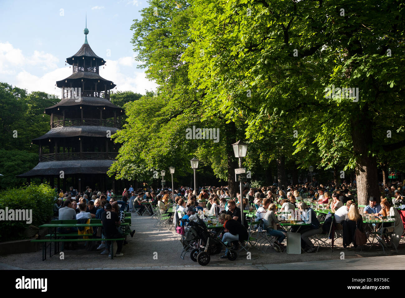 04.06.2017, Munich, Bavaria, Germany, Europe - Beer garden at the Chinese Tower in the English Garden. Stock Photo
