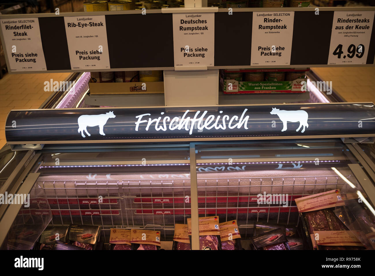 09.06.2017, Cologne, Northrhine-Westphalia, Germany, Europe - Packaged beef inside a freezer cabinet at a supermarket in Cologne. Stock Photo