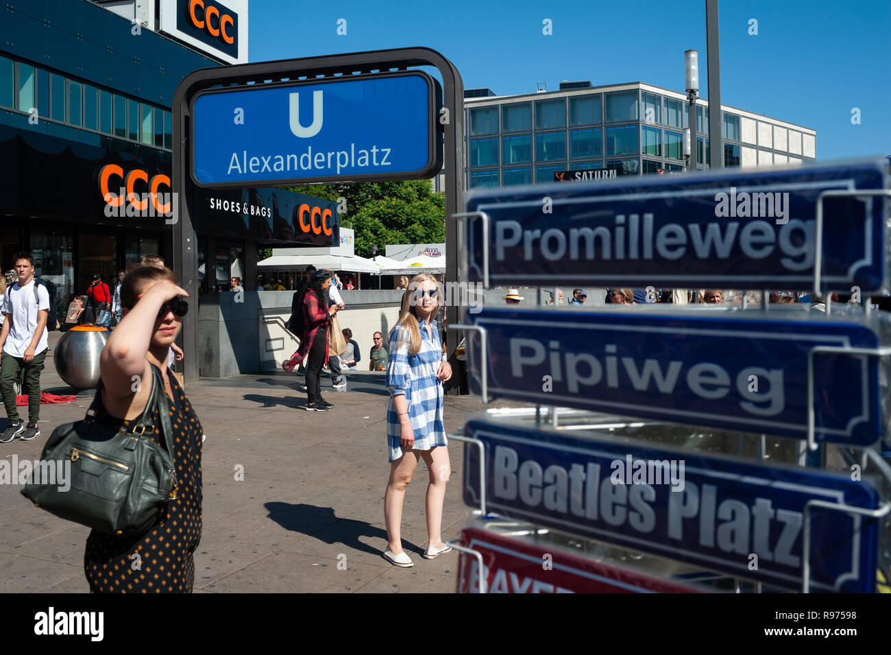 07.06.2018, Berlin, Germany, Europe - People at the entrance to the underground station at Alexanderplatz Square in Berlin Mitte. Stock Photo