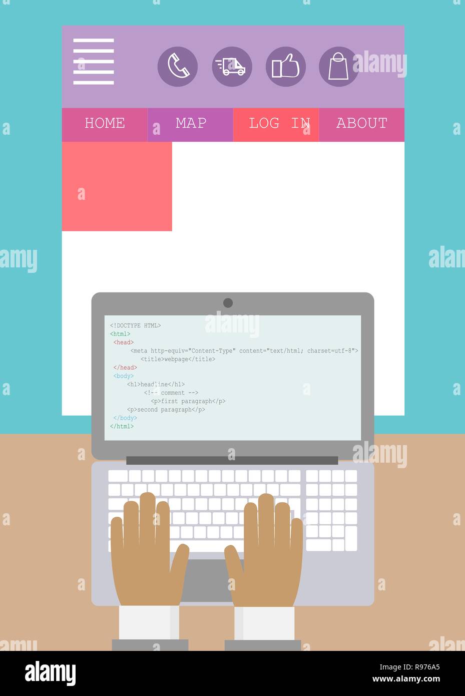 Illustration of creating a web page by a programmer. Work on a laptop ...