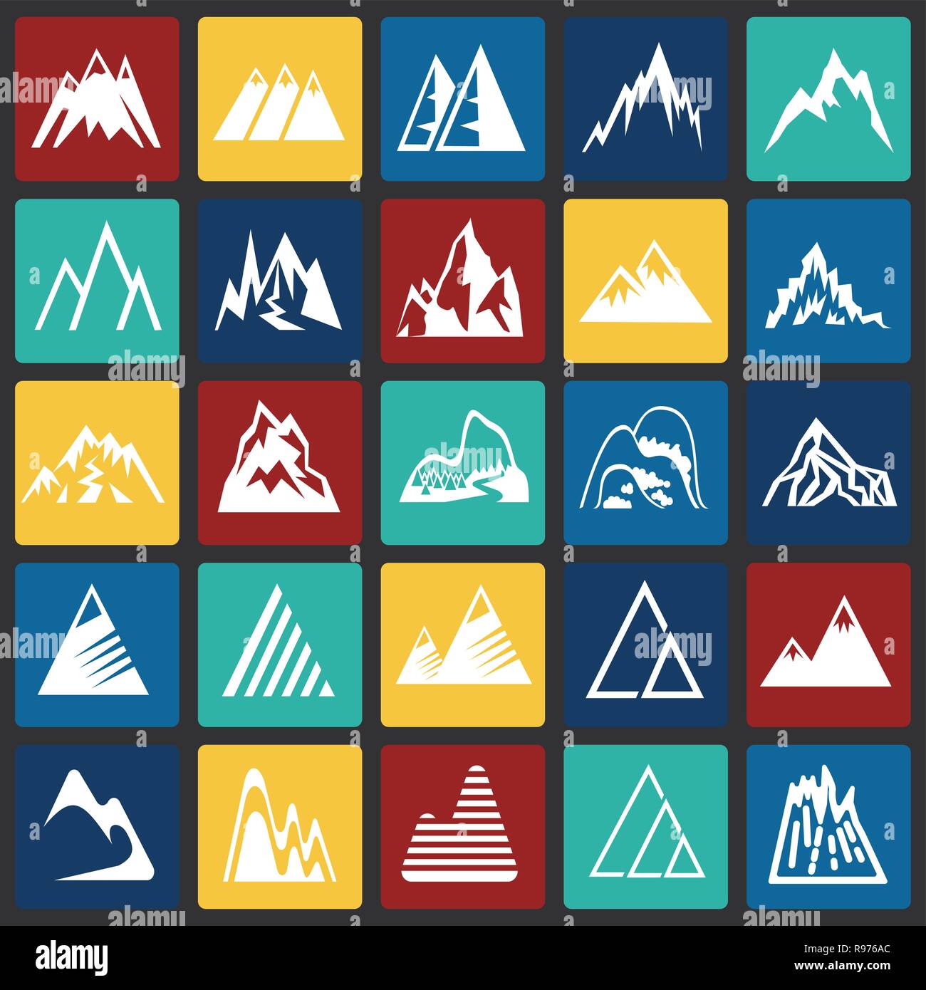 Mountain icons set on color squares background for graphic and web ...