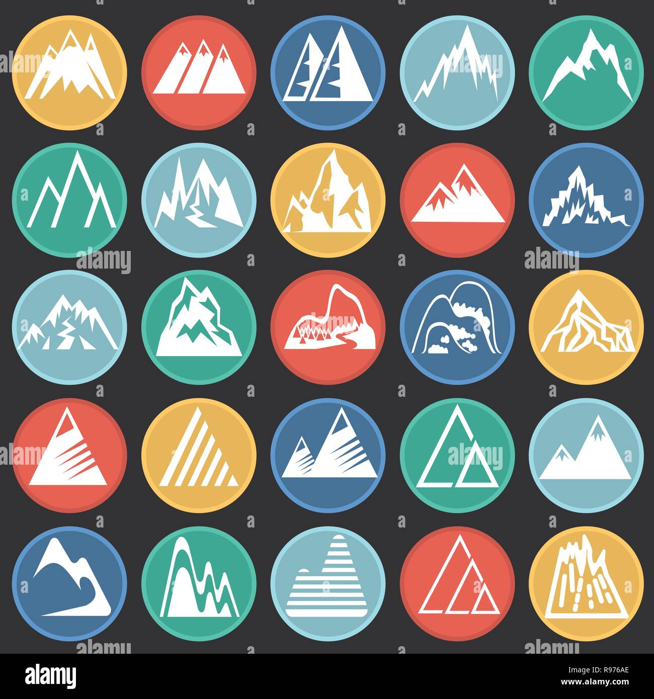 Mountain icons set on color circles black background for graphic and ...