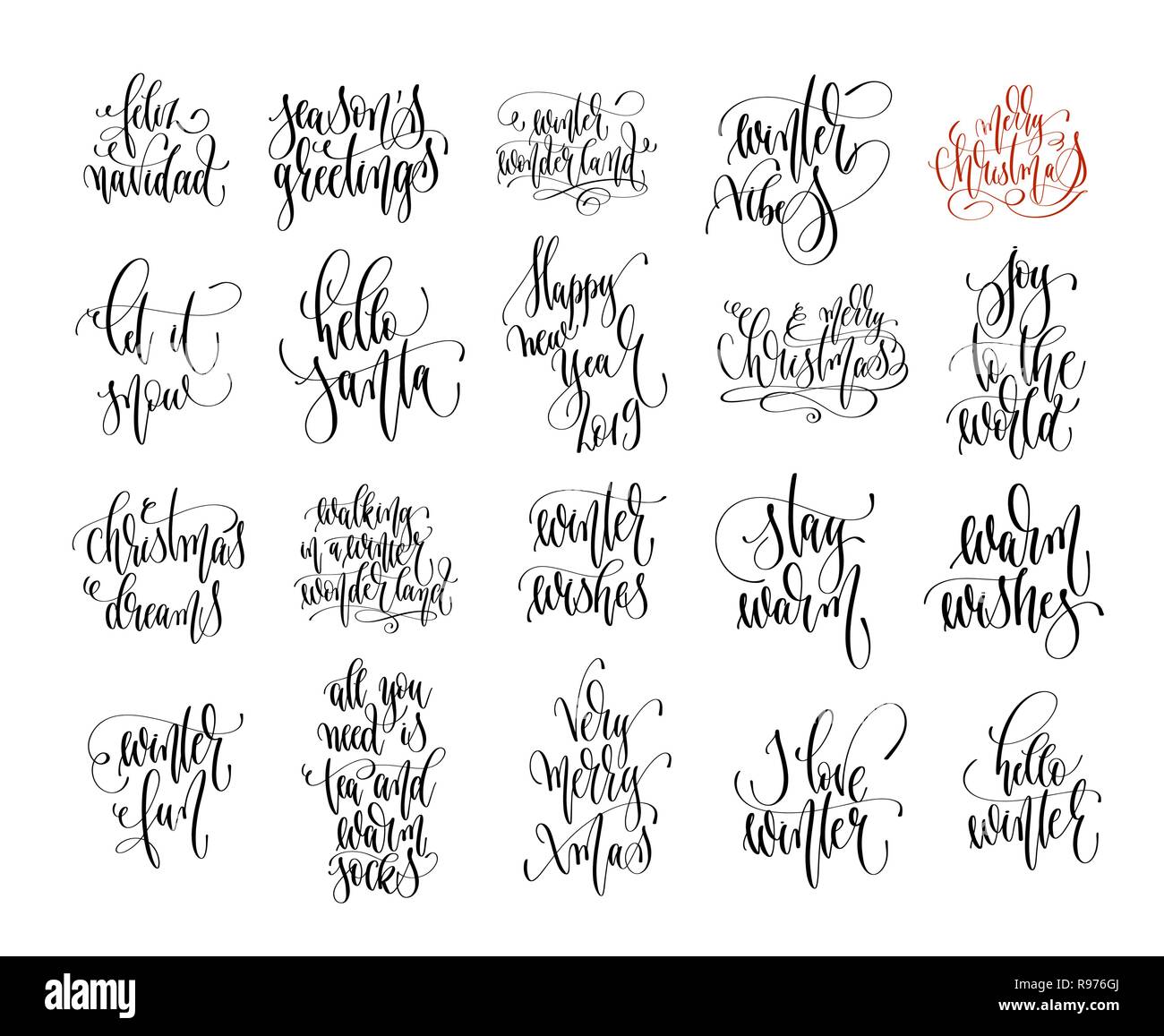 set of 20 hand lettering inscription text to winter holiday desi Stock ...