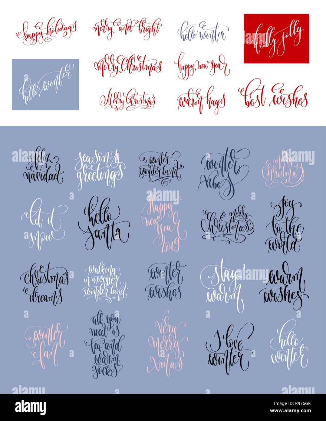 set of 30 hand lettering inscription text to winter holiday desi Stock ...