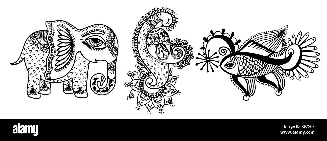 set of three hand drawing animals - elephant, peacock and fish Stock Vector