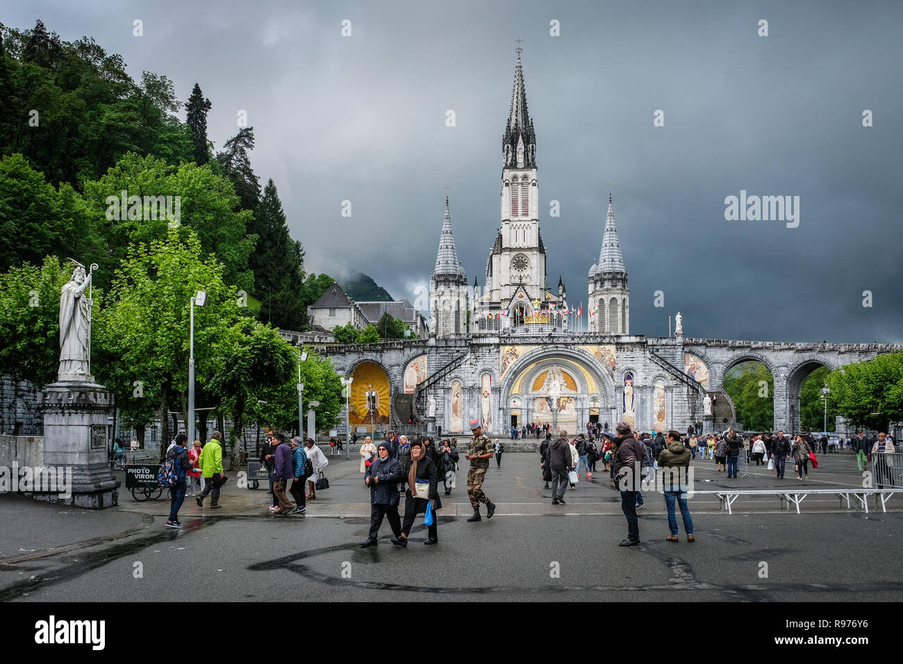 Lourdes (south-western France). 2016/05/20. Sanctuaries most visited pilgrimage shrine in France. The Rosary Basilica and the Basilica of the Immaculate Conception, commonly known as the Upper Basilica, are situated by the the Gave de Lourdes river within the Sanctuary of our Lady of Lourdes. Stock Photo