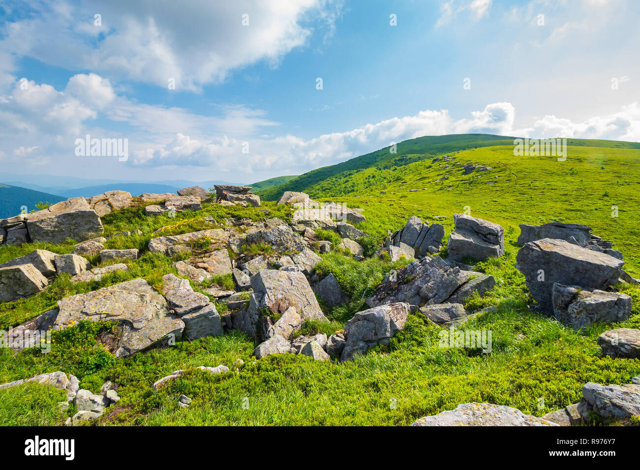 grassy slope with huge rocks. wonderful summer landscape in mountains. grassy meadow with huge boulders. beautiful sunny landscape. mountains in summe Stock Photo