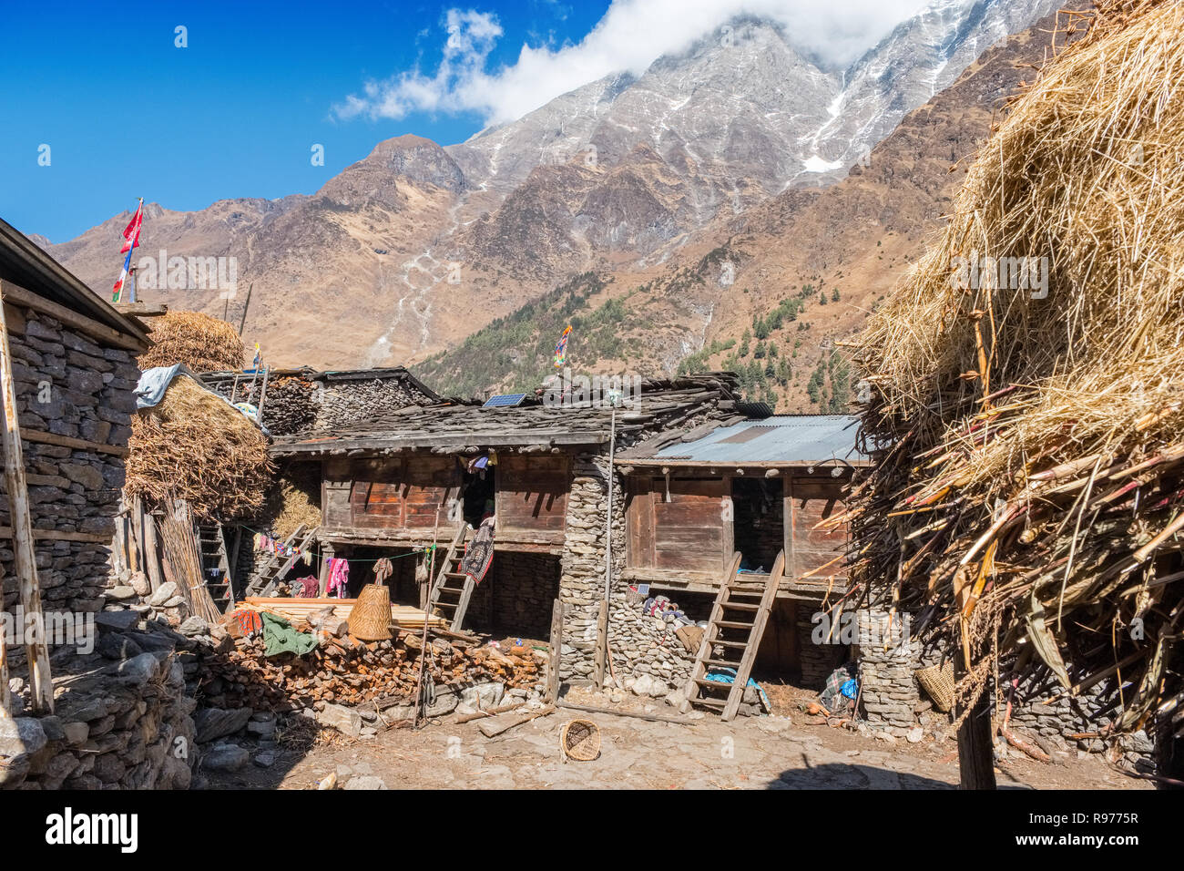 Typical 2 storey Tibetan houses / homesteads on the Manaslu Circuit trek in the Nepal Himalaya Stock Photo