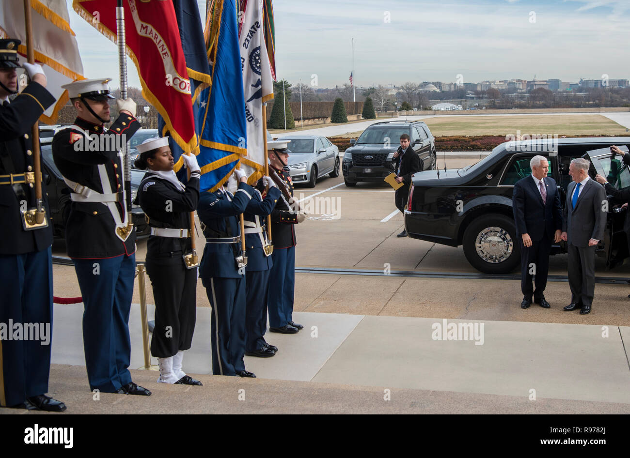 U.S. Vice President Mike Pence is greeted by U.S. Secretary of Defense James N. Mattis as he arrives at the Pentagon, Dec. 19, 2018. (DoD photo by Tech Sgt. Vernon Young Jr.) Stock Photo