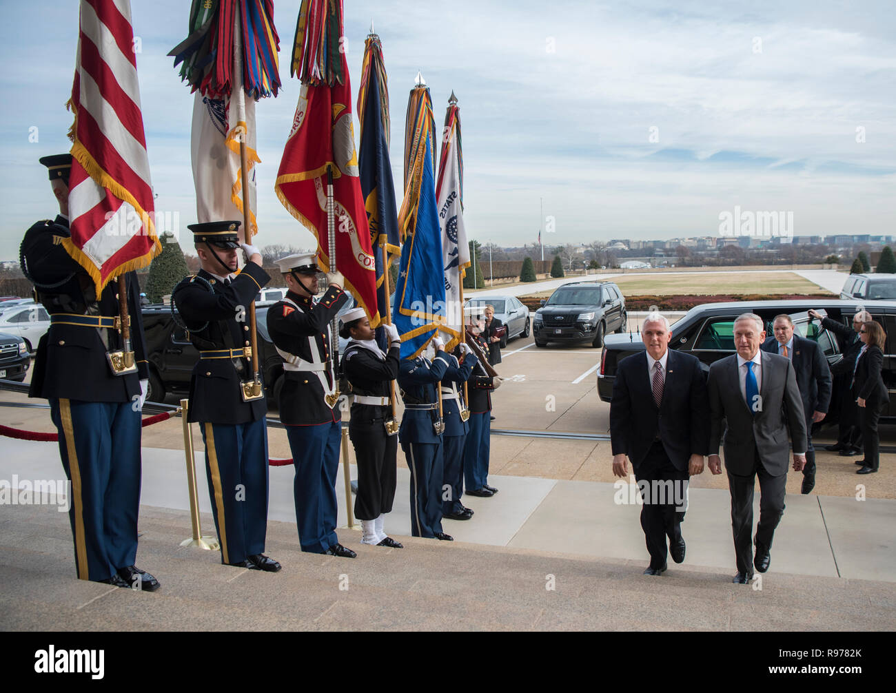 U.S. Vice President Mike Pence is greeted by U.S. Secretary of Defense James N. Mattis as he arrives at the Pentagon, Dec. 19, 2018. (DoD photo by Tech Sgt. Vernon Young Jr.) Stock Photo