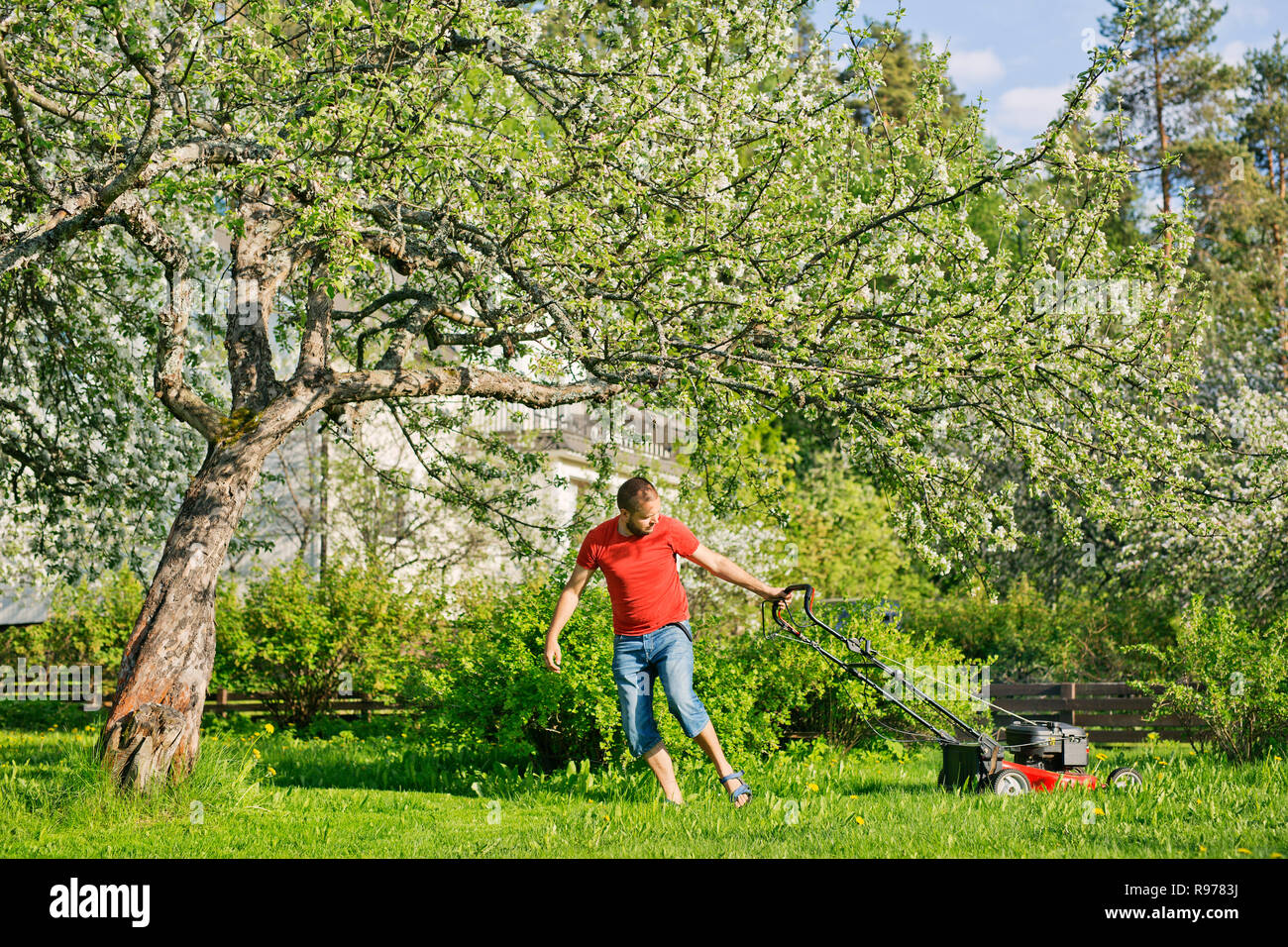 Mid adult man mowing lawn in Heinola, Finland Stock Photo