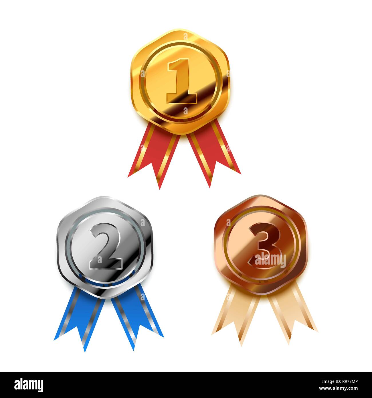 Set of bright golden, silver and bronze winner awards with tapes for first, second and third places, glossy badges isolated on white Stock Vector