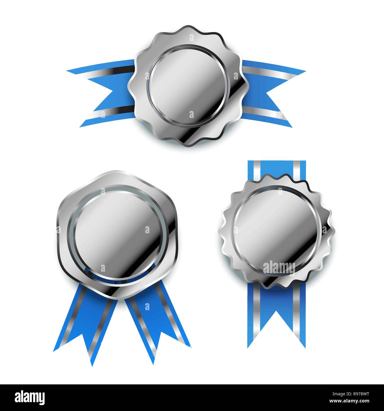 Set os bright silver awards with blue tapes, glossy winner badges isolated on white Stock Vector