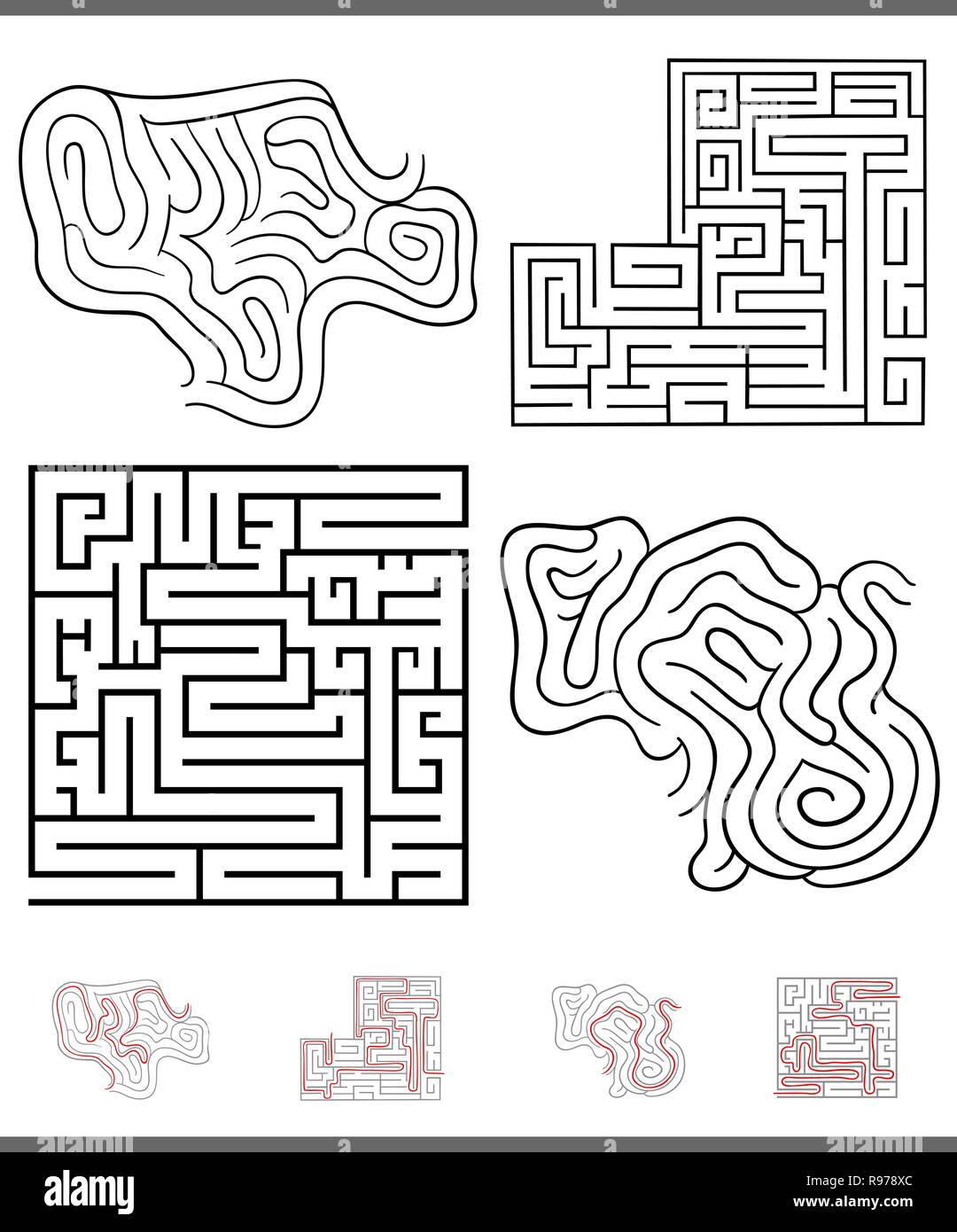 Illustration of Black and White Mazes or Labyrinths Leisure Games Set ...