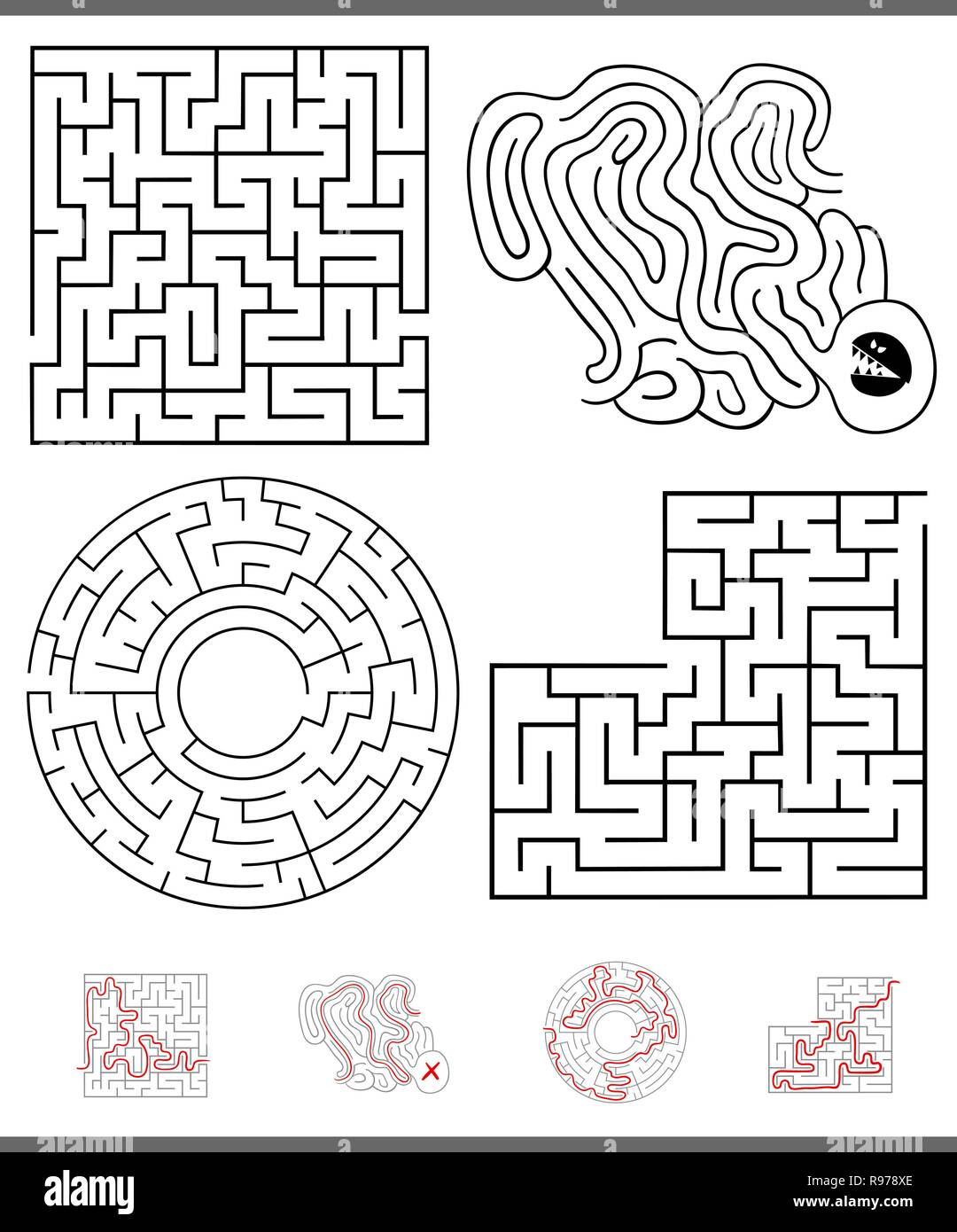 Illustration of Black and White Mazes or Labyrinths Leisure Games Set