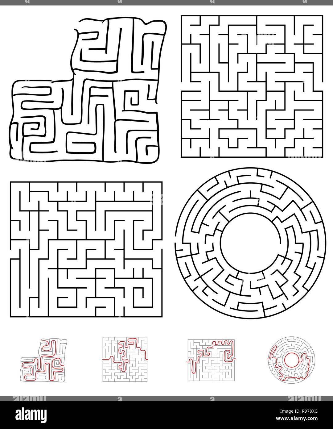 Illustration of Black and White Mazes or Labyrinths Leisure Games Set ...