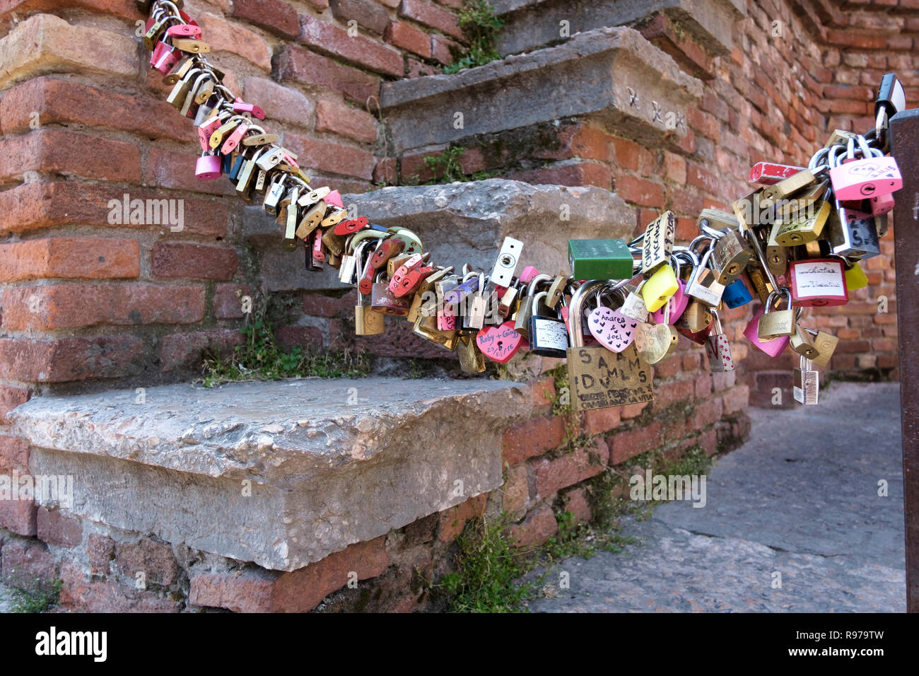 Love locks on Castelvecchio bridge, Verona, Italy Stock Photo Alamy