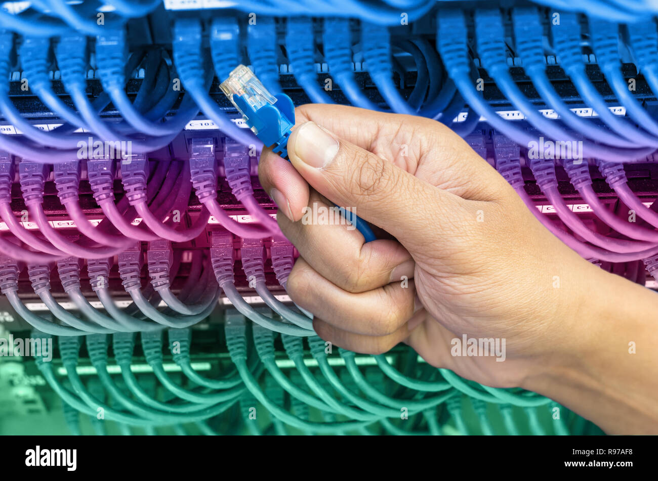 hand holding network cable on the switch hub in server room background Stock Photo