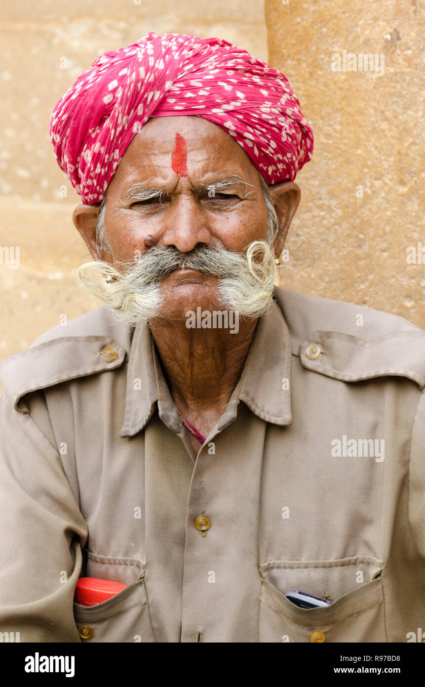 Old Indian man in traditional clothes with a big mustache, Jaisalmer, Rajasthan, India Stock Photo