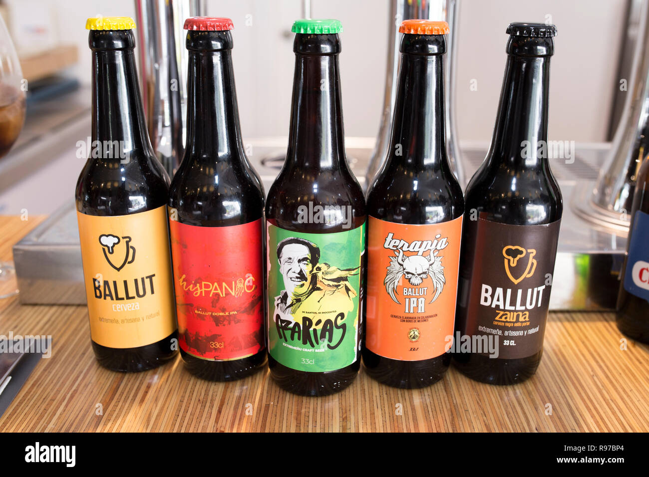 Badajoz, Spain - June 23th, 2018: Ballut set of beers. Artisanal extremaduran beer displayed over bar top. Badajoz, Spain Stock Photo