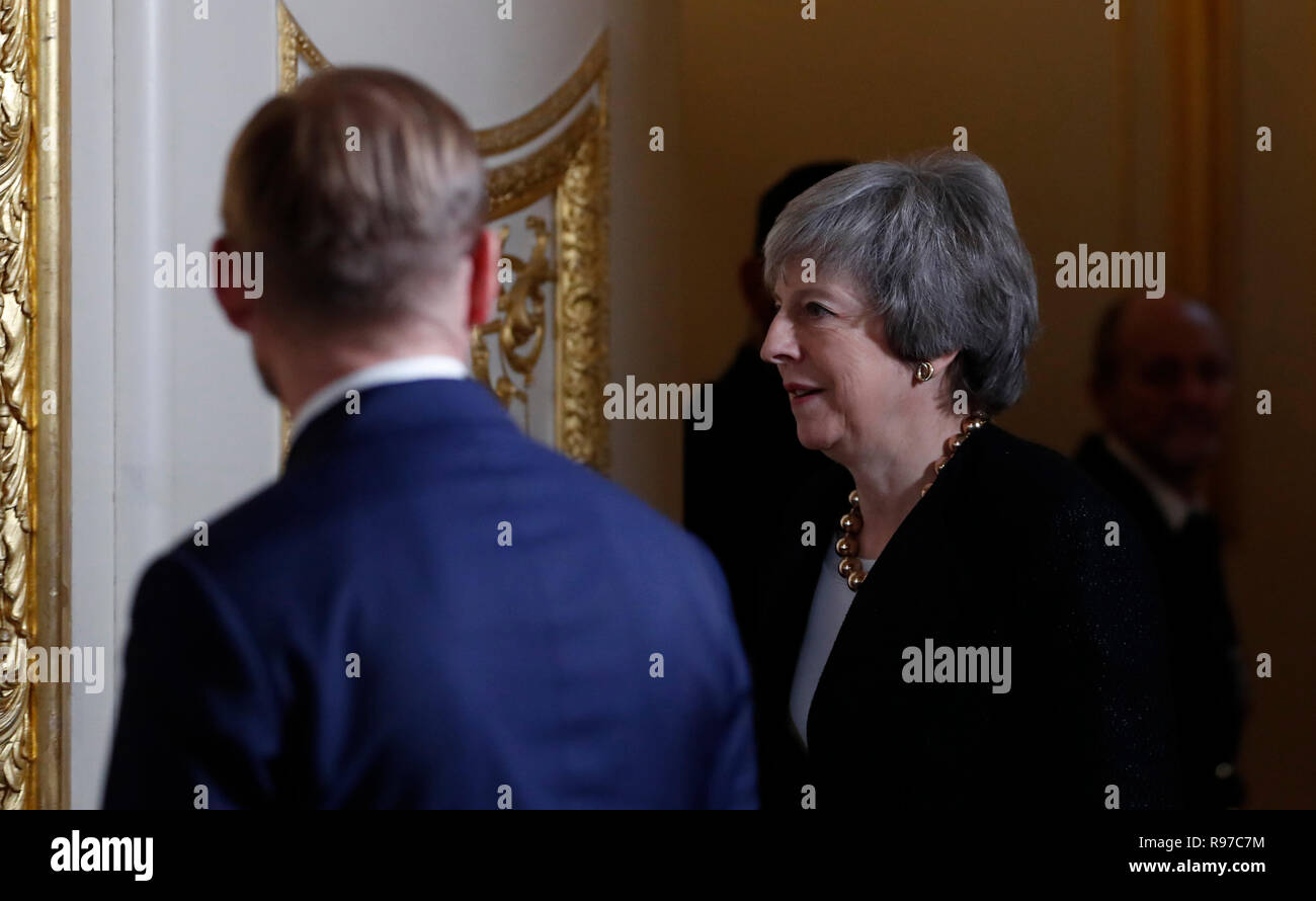Prime Minister Theresa May arrive for a press conference with the Polish Prime Minister Mateusz Morawiecki following the UK-Poland Inter-Governmental Consultations at Lancaster House, London. Stock Photo