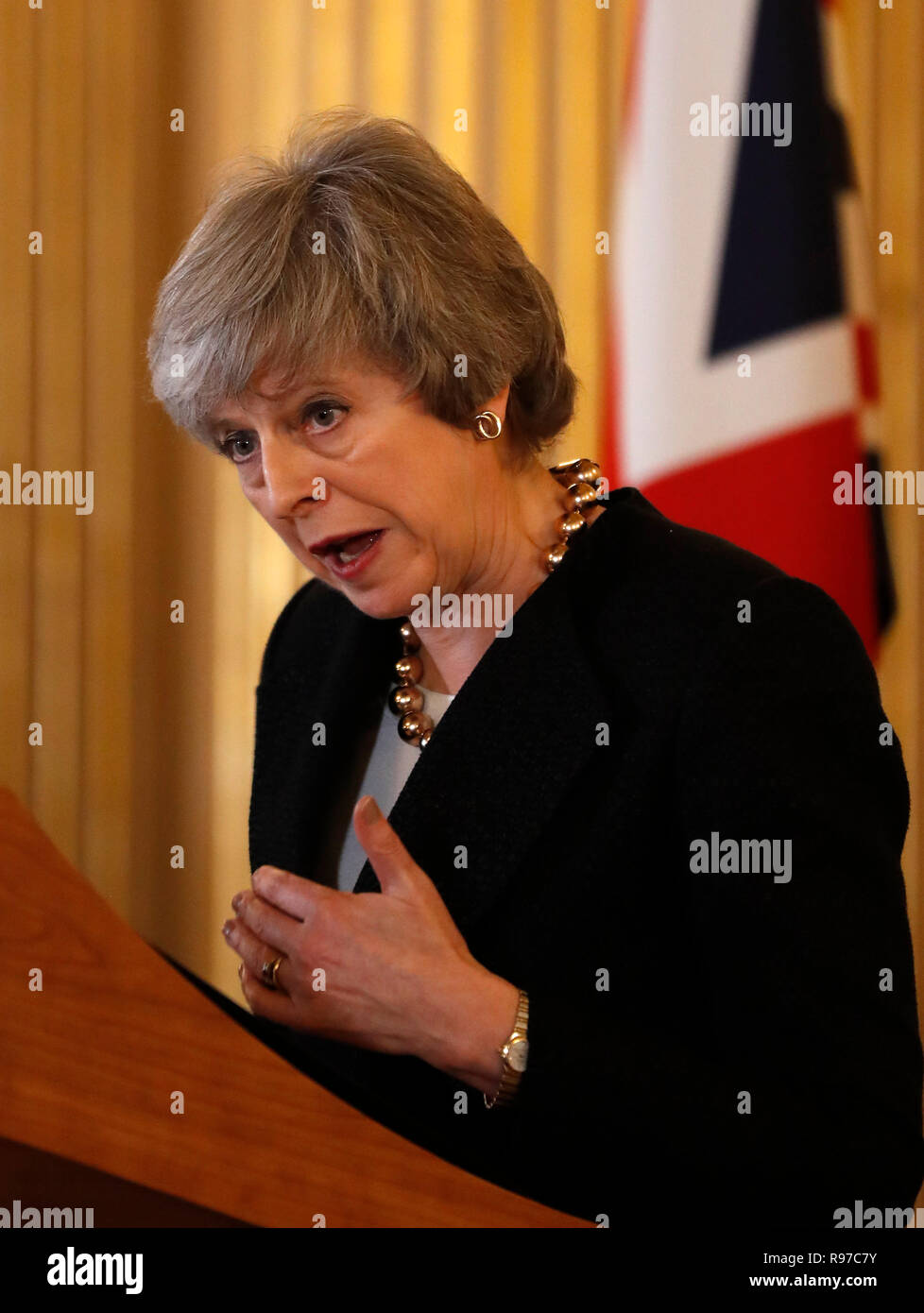 Prime Minister Theresa May during a press conference following the UK-Poland Inter-Governmental Consultations at Lancaster House, London. Stock Photo
