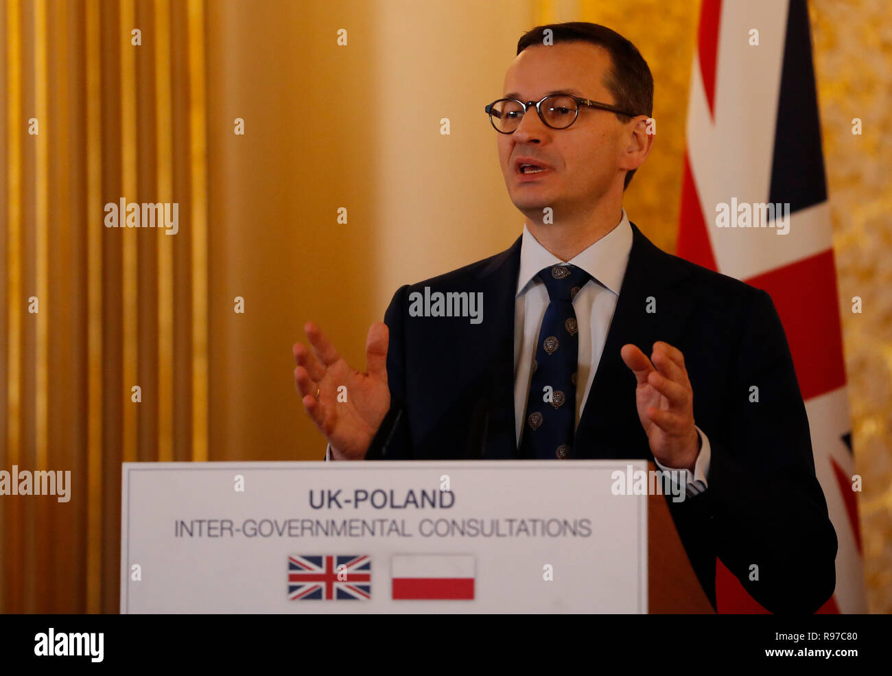 Polish Prime Minister Mateusz Morawiecki during a press conference following the UK-Poland Inter-Governmental Consultations at Lancaster House, London. Stock Photo