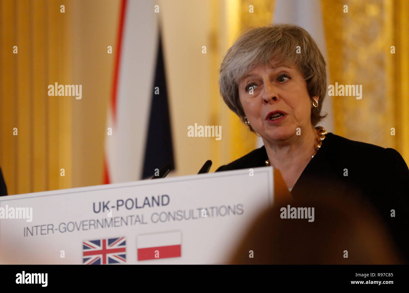 Prime Minister Theresa May during a press conference following the UK-Poland Inter-Governmental Consultations at Lancaster House, London. Stock Photo