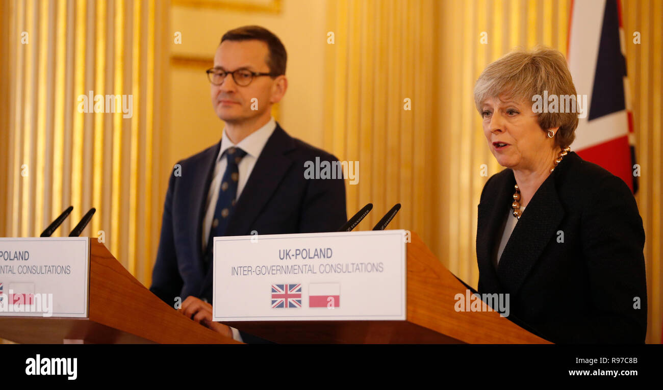 Prime Minister Theresa May and the Polish Prime Minister Mateusz Morawiecki during a press conference following the UK-Poland Inter-Governmental Consultations at Lancaster House, London. Stock Photo