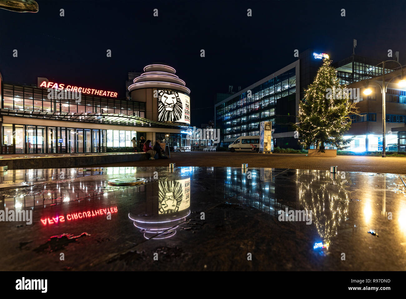 SCHEVENINGEN, 19 December 2018 - Night Christmas decoration of the Circus Theater reflection in The Hague, Netherlands Stock Photo