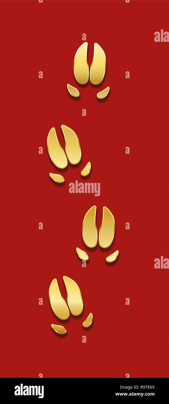 Golden pig tracks on red background. Luck symbol concerning chinese year of the pig. Stock Photo