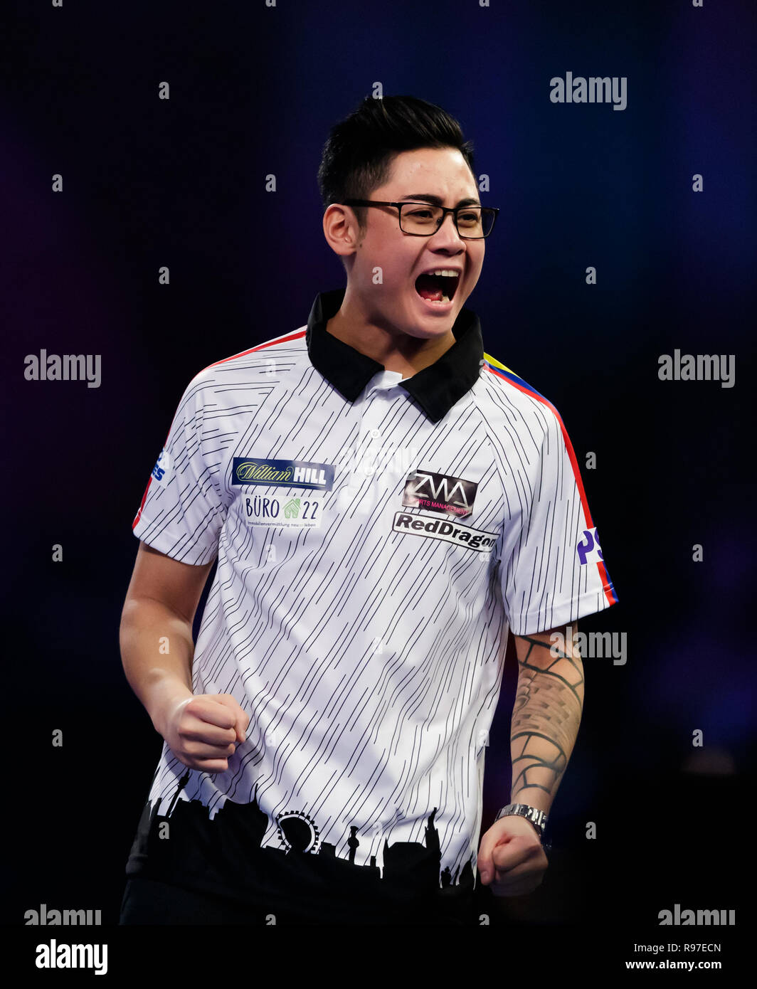 Rowby-John Rodriguez celebrates during his match against Cristo Reyes  during day eight of the William Hill World Darts Championships at Alexandra  Palace, London Stock Photo - Alamy