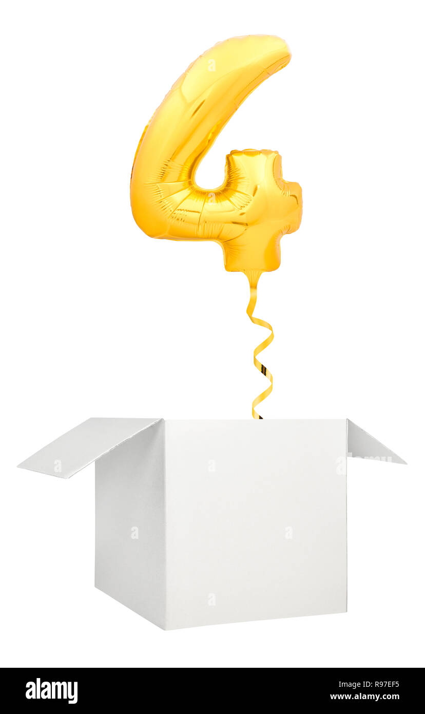 Golden number four balloon flying out of blank white box isolated on white background Stock Photo