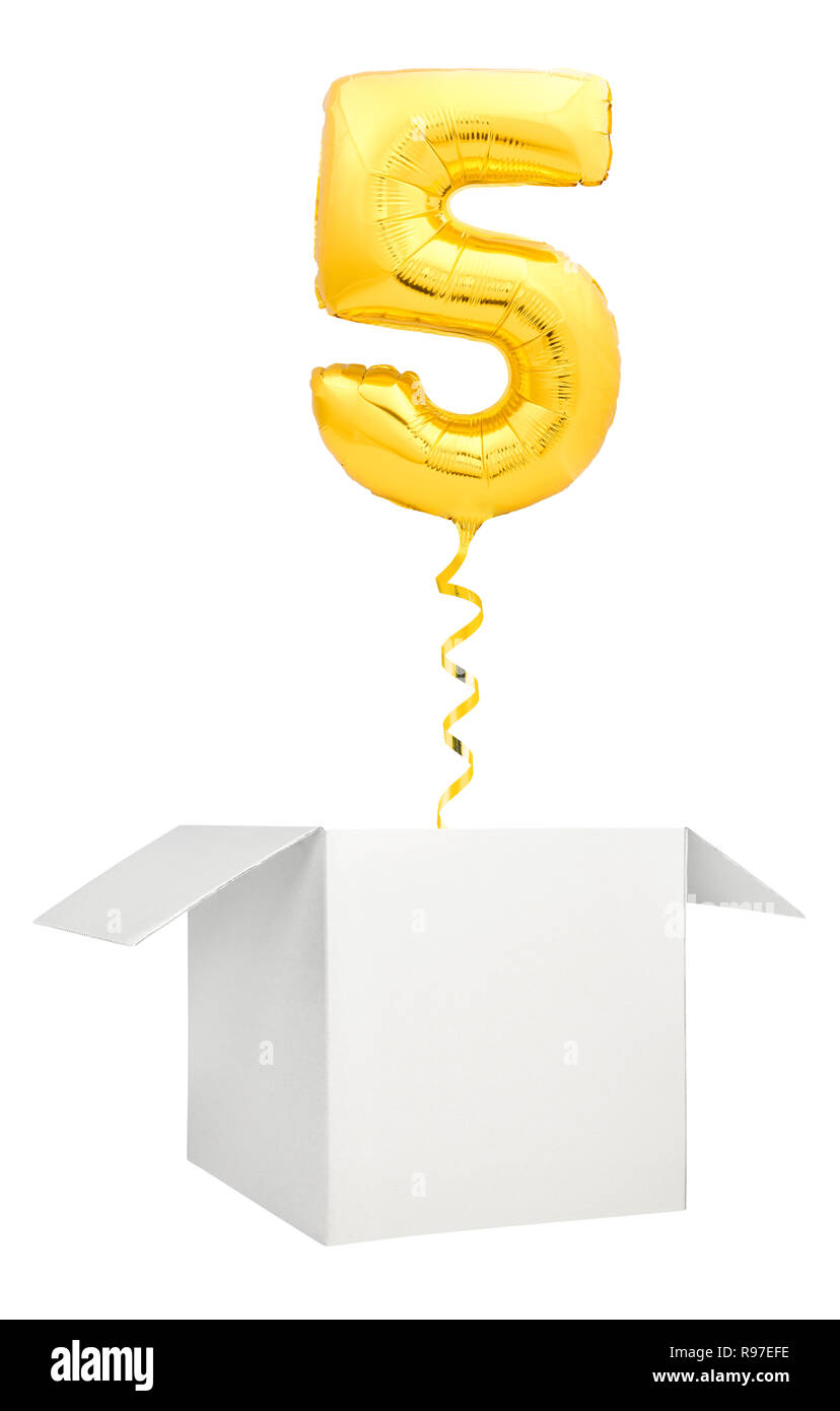 Golden number five balloon flying out of blank white box isolated on white background Stock Photo