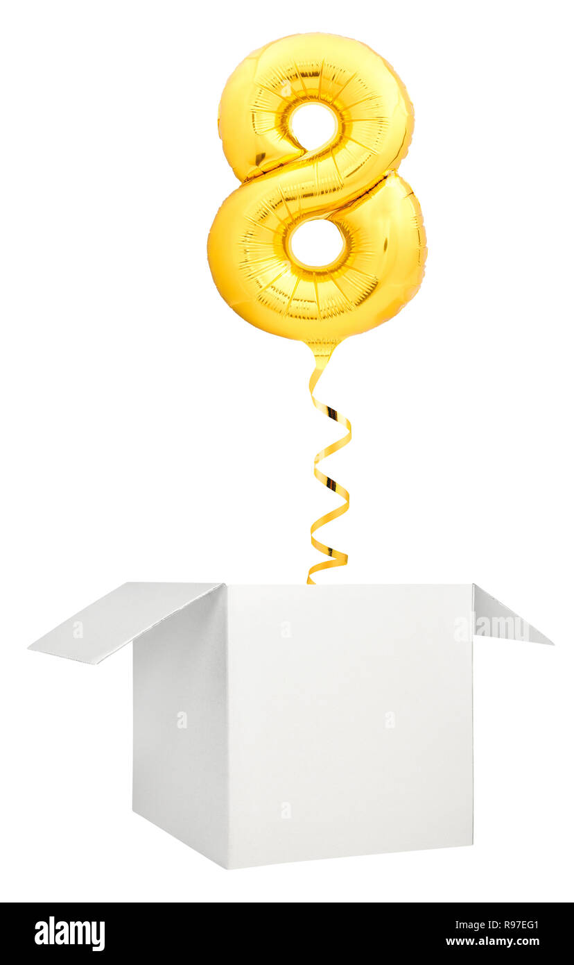 Golden number eight balloon flying out of blank white box isolated on white background Stock Photo