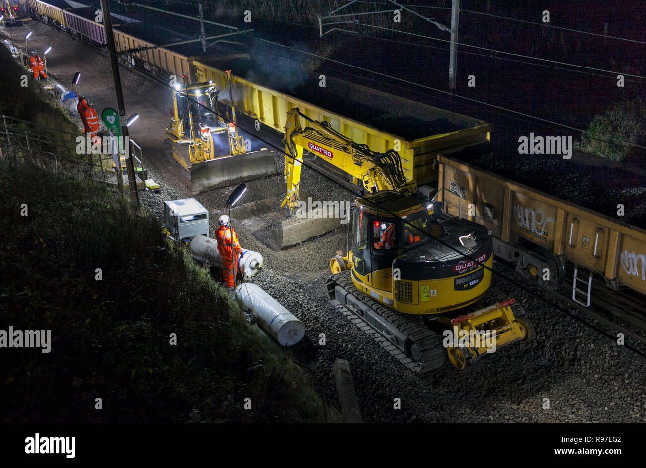 Network Rail track renewal under way during a night time possession on ...